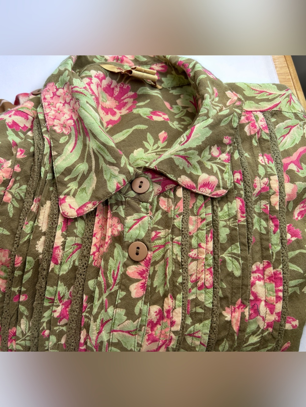 April Cornell Women’s XL Olive Pink Floral Tiered Patchwork Pintuck Maxi Dress - Picture 13 of 14